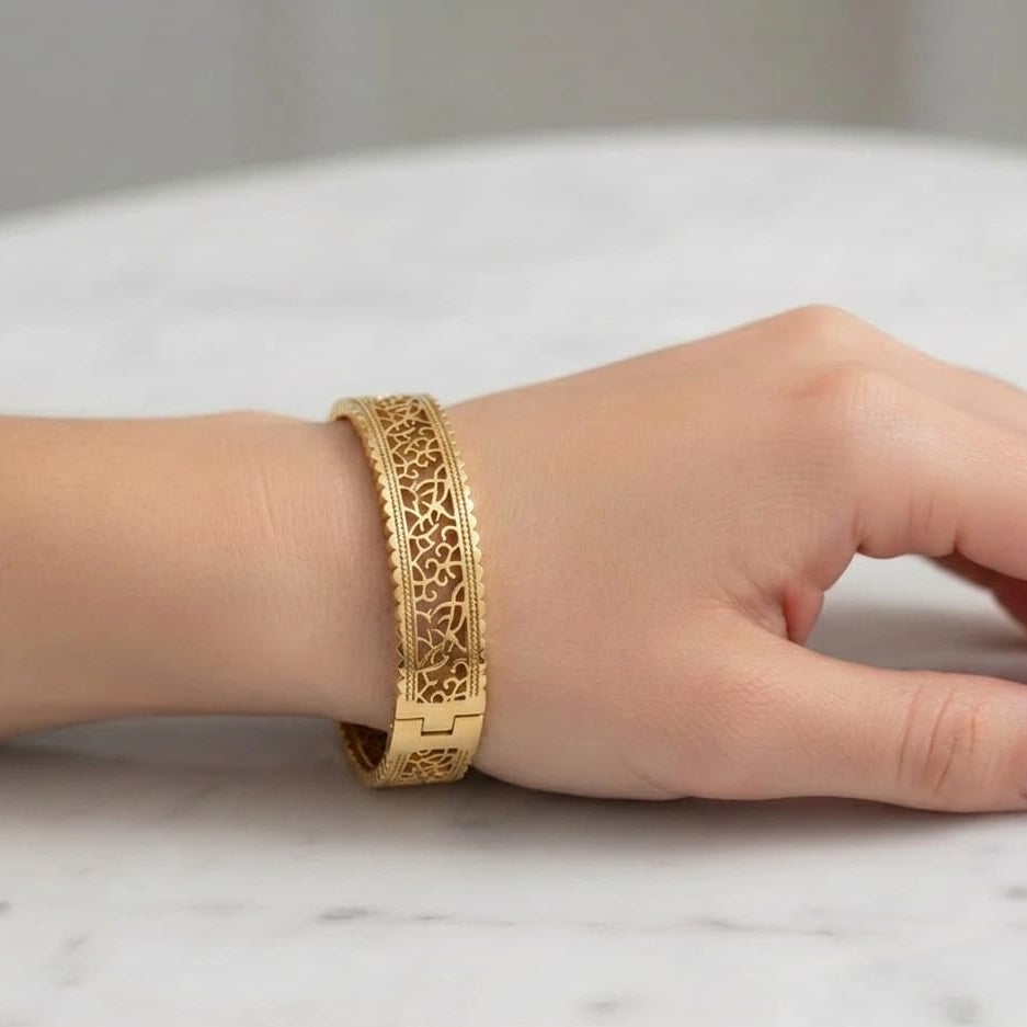 Hollow Design Pattern Gold-Toned Bangle | Elegant Cutwork Stainless Steel Bracelet for Women