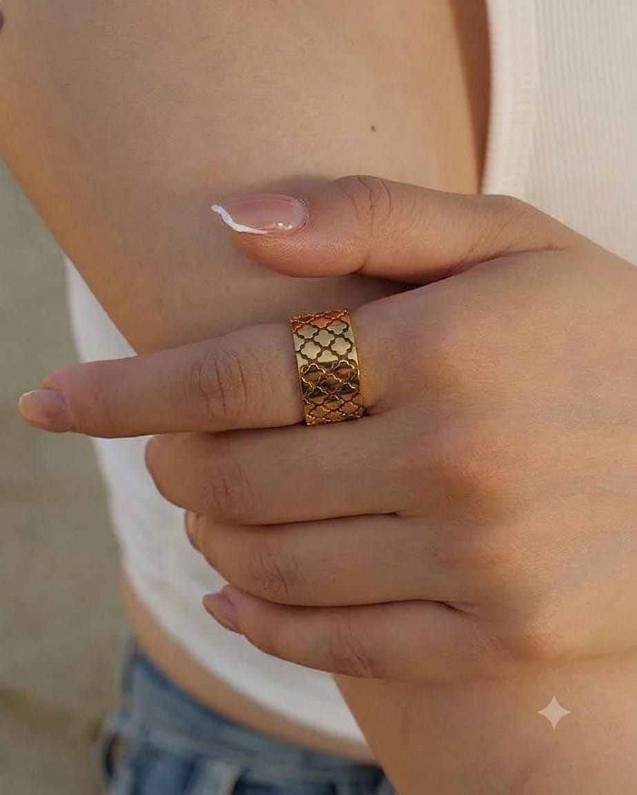 gold plated clover ring, adjustable ring for women, clover jewelry, gold adjustable ring, cutout lattice ring, lucky clover ring, statement ring women, fashion jewelry, elegant gold ring, women's accessories, trendy ring, gift for her, luxury style - Makeupstashk