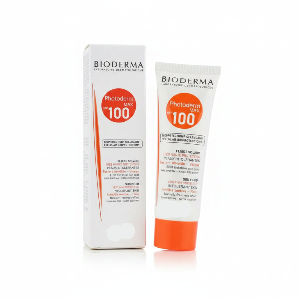 photoderm max fluide 100ml, spf 100 sunscreen, lightweight sunscreen, sunscreen for oily skin, non greasy sunscreen, sensitive skin sunblock, french pharmacy sunscreen, matte sunscreen, uv protection fluid, hot weather sunscreen, no white cast sunscreen, bioderma photoderm, daily sunscreen, sun care skincare - Makeup Stash Pakistan