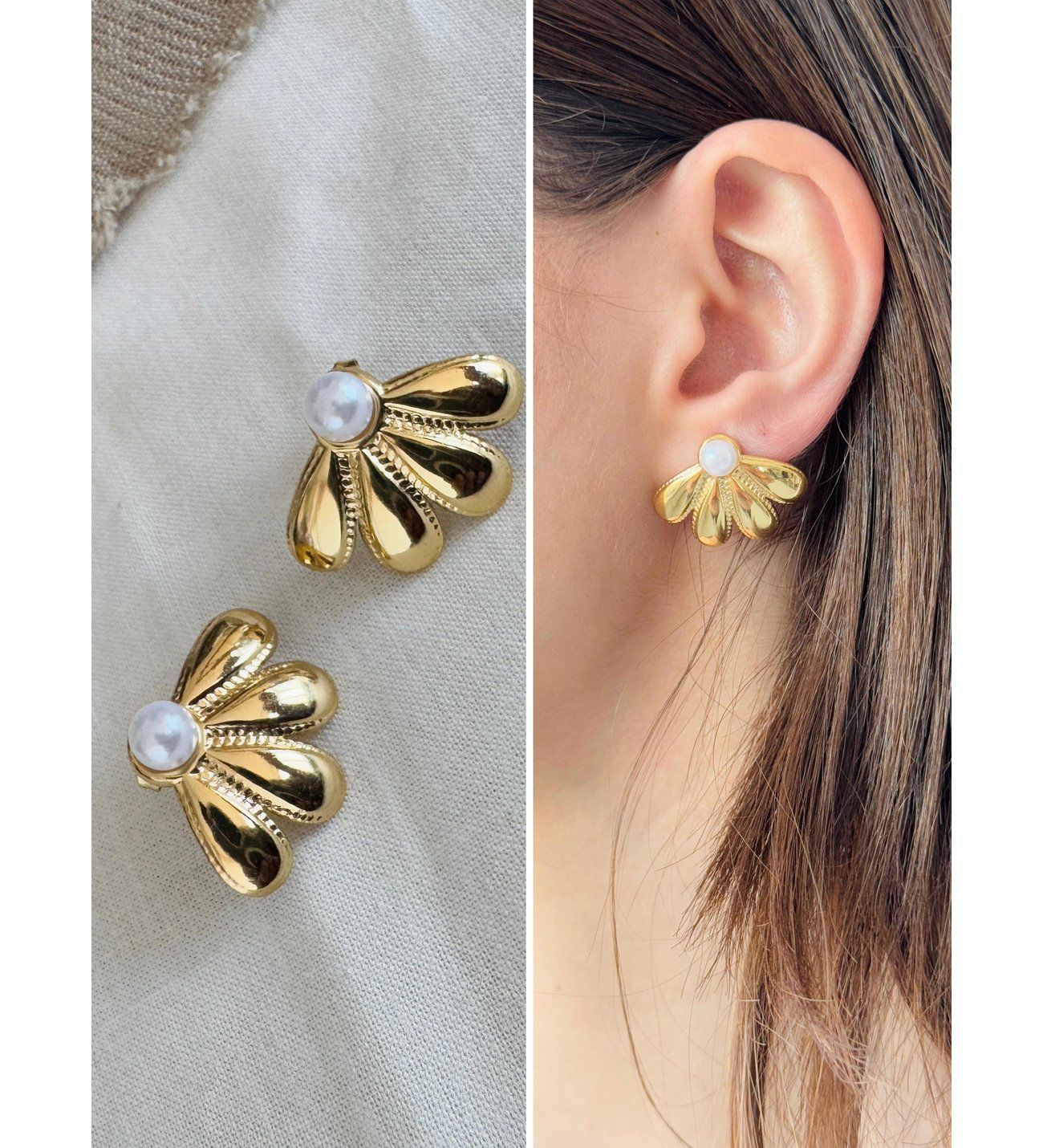 gold plated earrings,fan shaped earrings,fan stud earrings,pearl accent earrings,pearl stud earrings,gold pearl earrings,women's earrings,elegant jewelry,minimalist earrings,fashion jewelry - Makeupstashpk