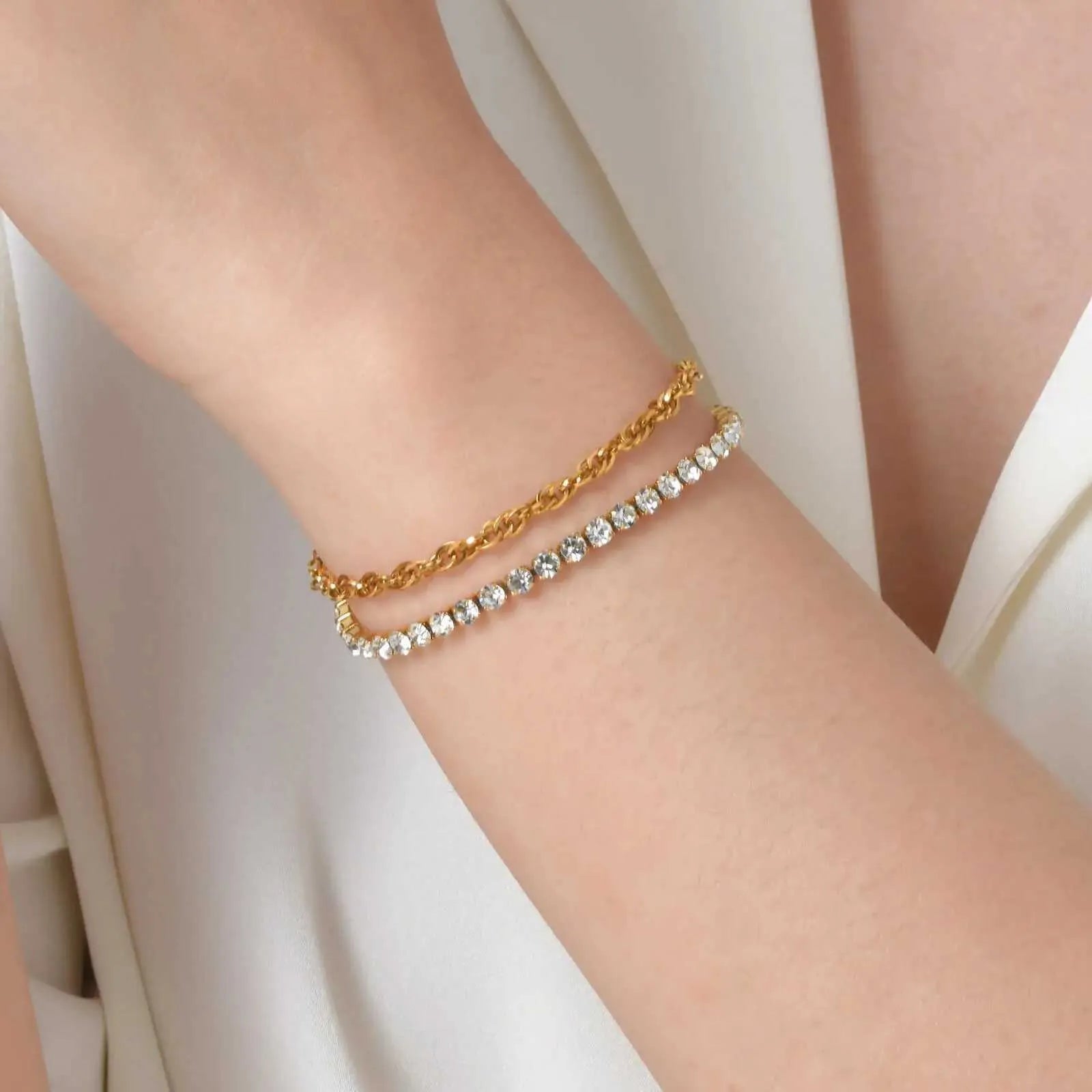 zircon bracelet women, stainless steel bracelet waterproof, diamond inlay bracelet, elegant hand chain women, layered bracelet women, waterproof jewelry women - Makeup Stash Pakistan