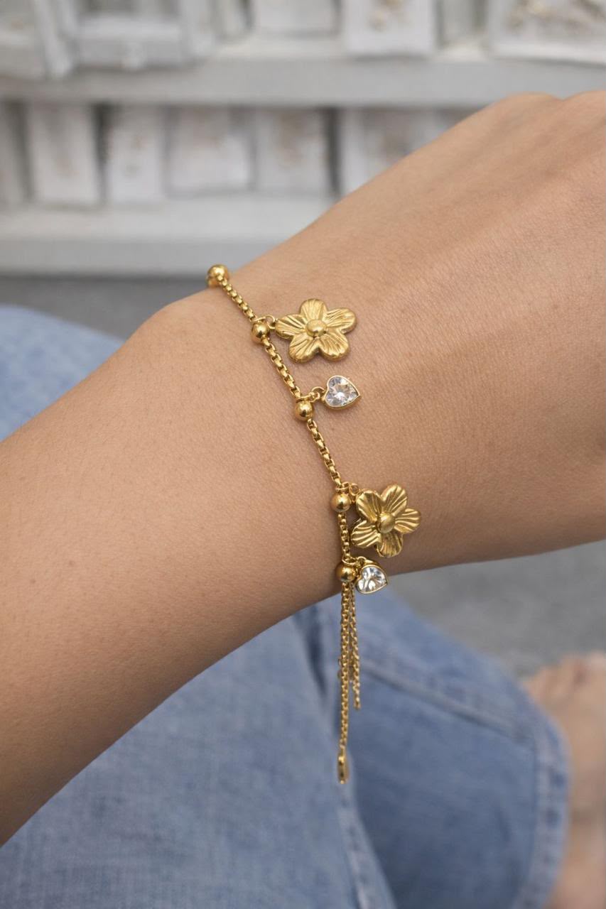 gold plated bracelet, floral bracelet, floral charms, flower charm bracelet, gold flower bracelet, charm bracelet, gold charm bracelet, flower jewelry, floral jewelry, womens bracelet, womens jewelry, gold jewelry, delicate bracelet, elegant bracelet - Makeupstashpk