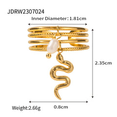 Gold-Plated Open Ring with Pearl Charm & Textured Snake Pendant – Multi-Band Statement Ring
