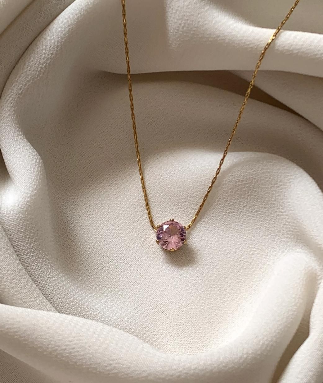 pink crystal necklace, gold plated rope chain necklace, stainless steel necklace women, dainty pink pendant necklace, elegant jewelry women, minimalist necklace women - Makeupstashpk
