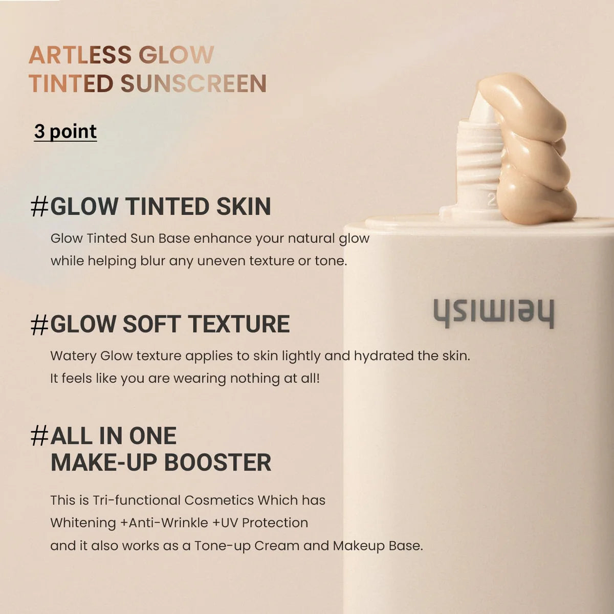 Heimish - Artless Glow Tinted Sunscreen Shine Beige SPF50+ PA+++ 40ml - Makeup Stash Paistan