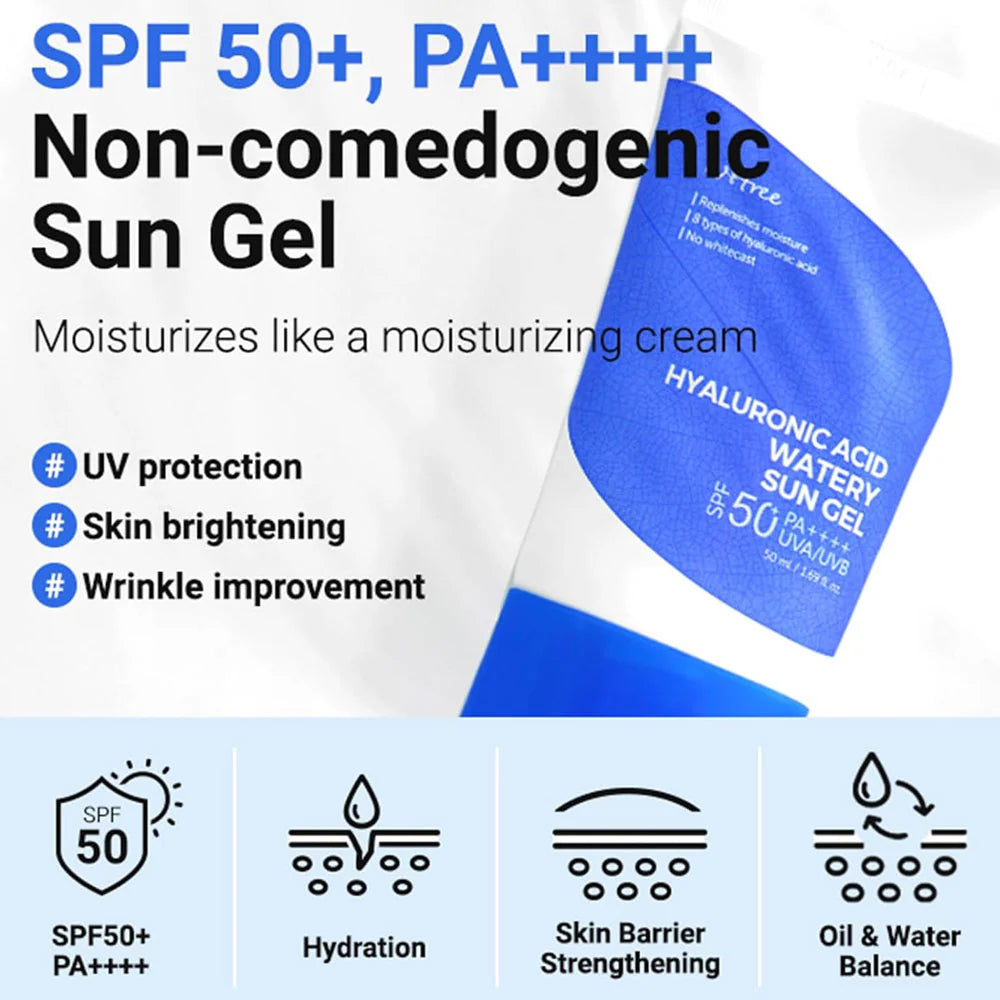watery sun gel, hyaluronic acid watery sun gel, isntree sunscreen, korean sunscreen, SPF50 sunscreen, PA++++ sunscreen, hydrating sunscreen, korean skincare, facial sunscreen, lightweight sunscreen, sunscreen for sensitive skin, - Makeup Stash Pakistan