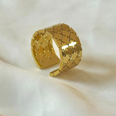 gold plated ring, stainless steel ring, adjustable ring, square matrix band ring, quilted diamond ring, geometric ring, gold band ring, statement jewelry - Makeupstashpk