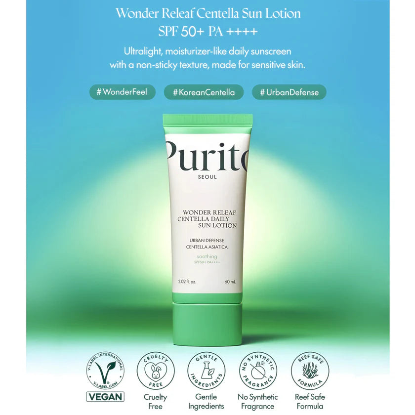 Purito Wonder Releaf Centella Daily Sun Lotion SPF50+ PA++++ 60ml – Soothing Lightweight Sunscreen