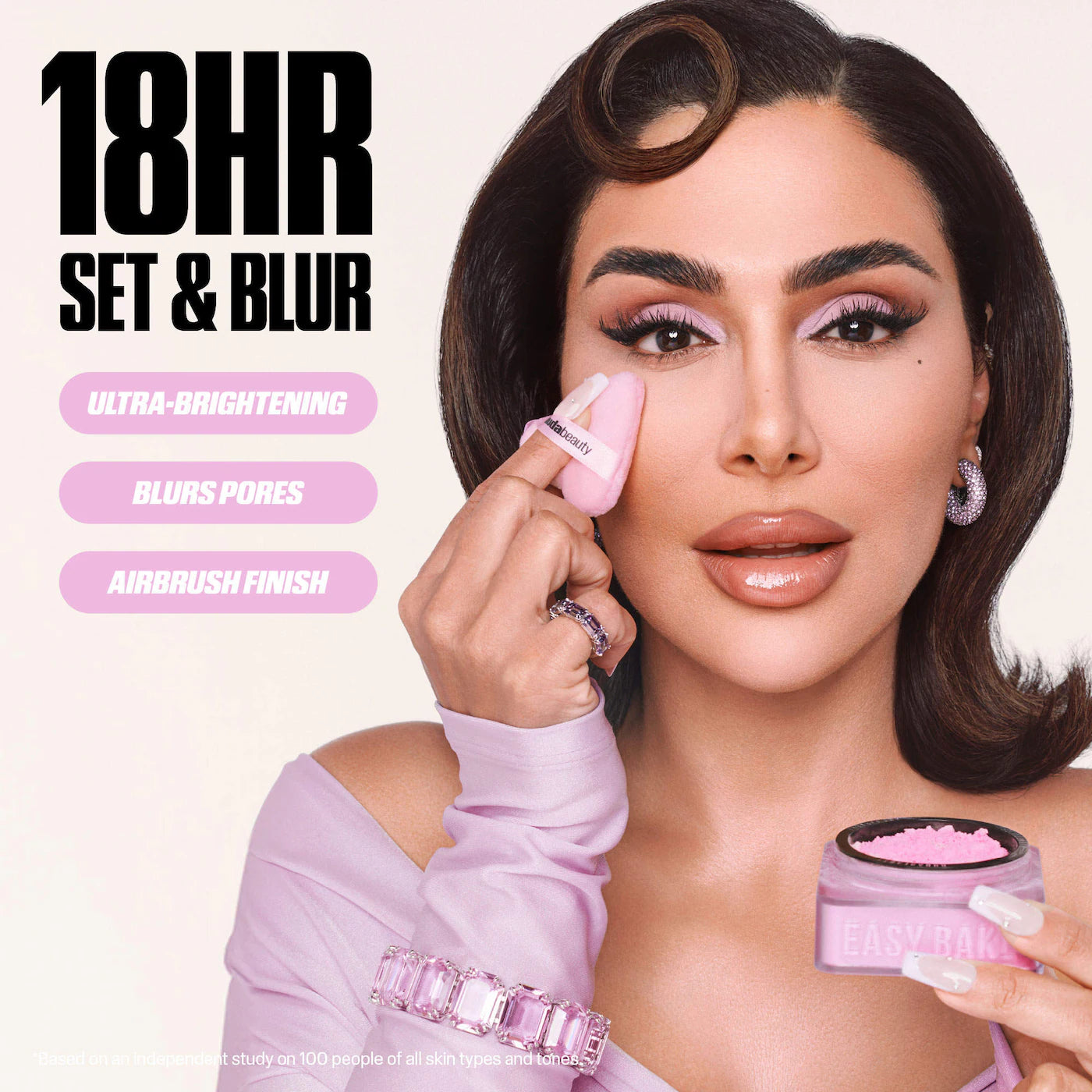 Huda Beauty Ube Birthday Cake, Huda Beauty Easy Bake powder, lavender setting powder, brightening loose powder, loose baking powder, blurring setting powder, under eye brightening powder, matte setting powder, pore blurring powder, oil - Makeupstashpk