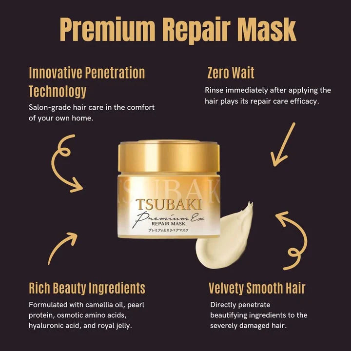 tsubaki premium repair mask, japanese hair treatment, damaged hair repair, camellia oil hair mask, deep conditioning hair mask, hair repair treatment, dry hair solution, shiny smooth hair, shiseido tsubaki 180g, intensive hair mask, frizz control treatment- Makeup Stash Pakistan